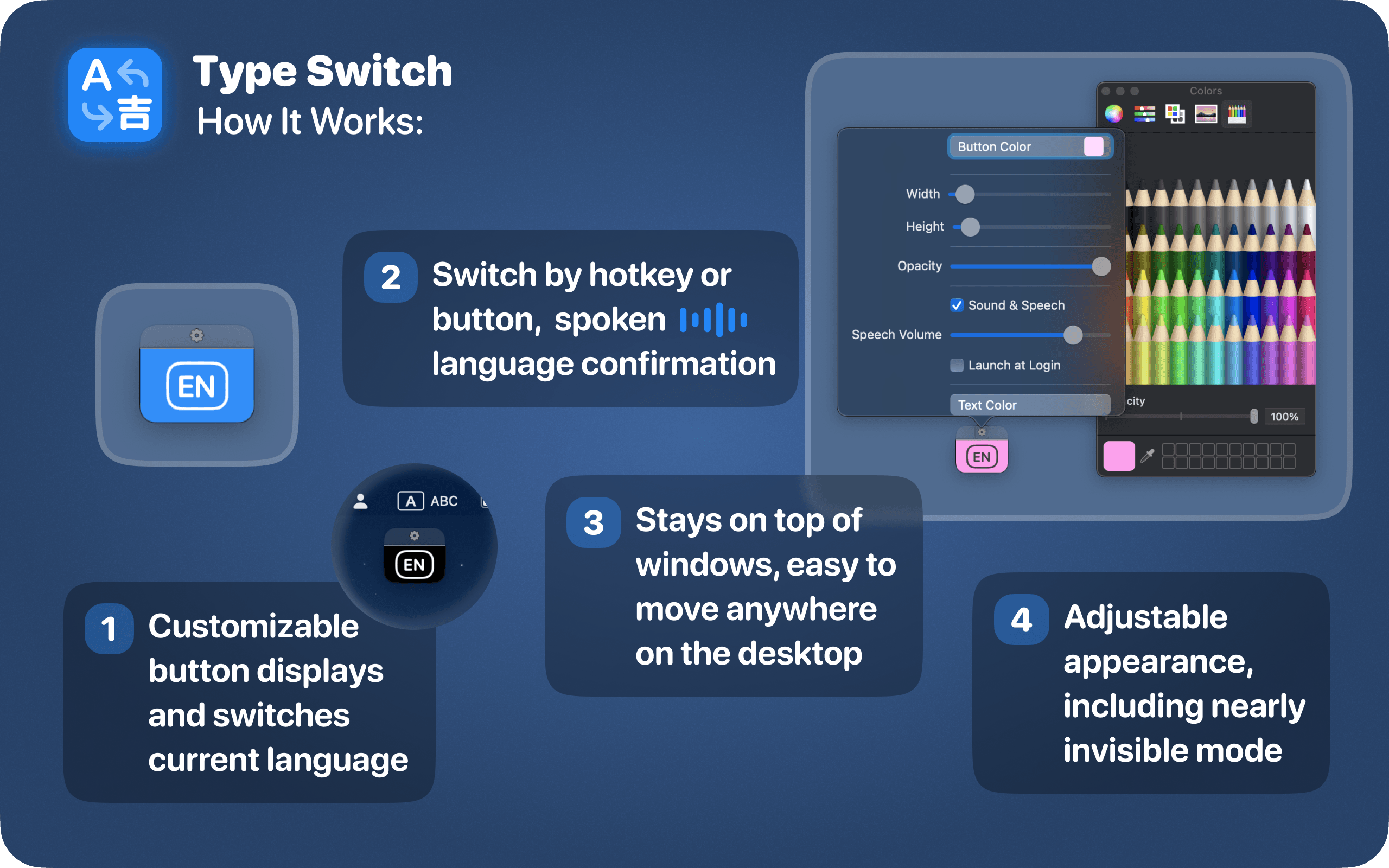 Type Switch interface showing language switch options for improved productivity.