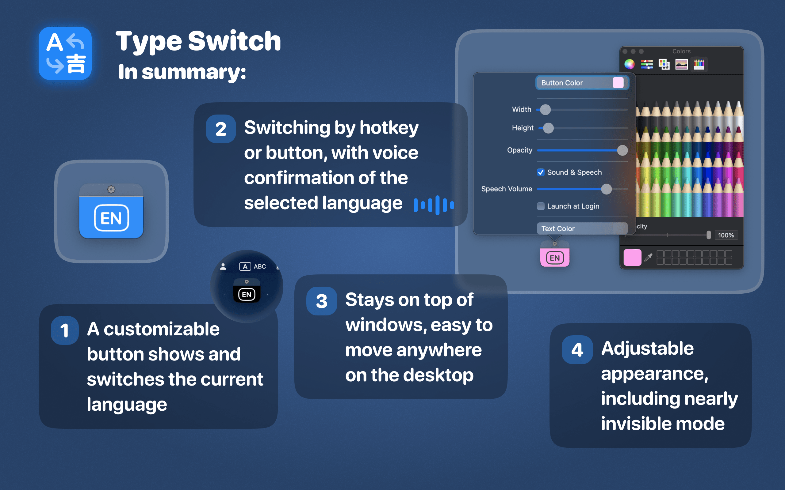 Type Switch interface showing language switch options for improved productivity.