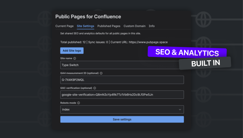 Public Pages for Confluence site settings with GA4 and Google Search Console configuration