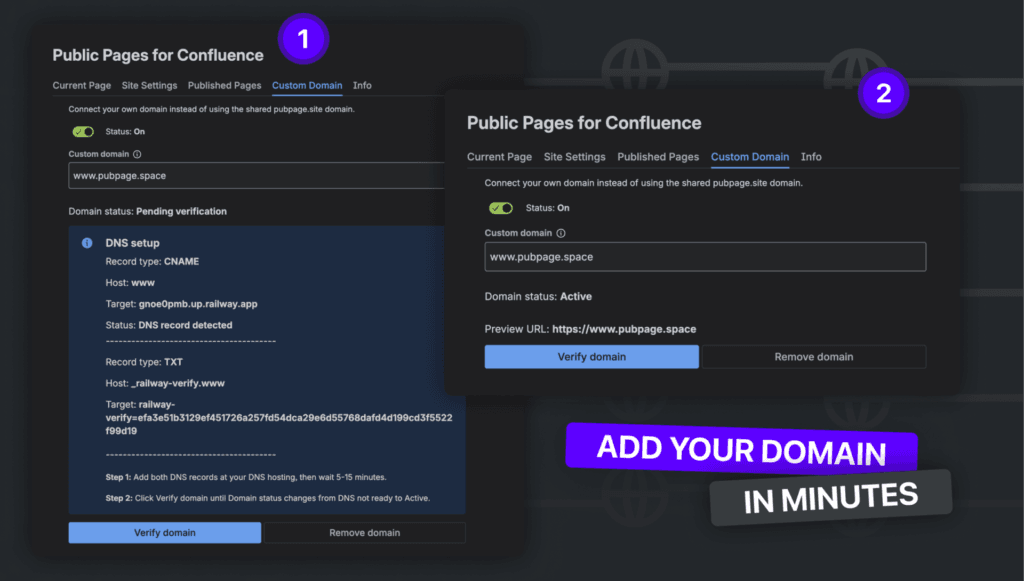 Custom domain setup for Confluence public pages with CNAME and TXT DNS records