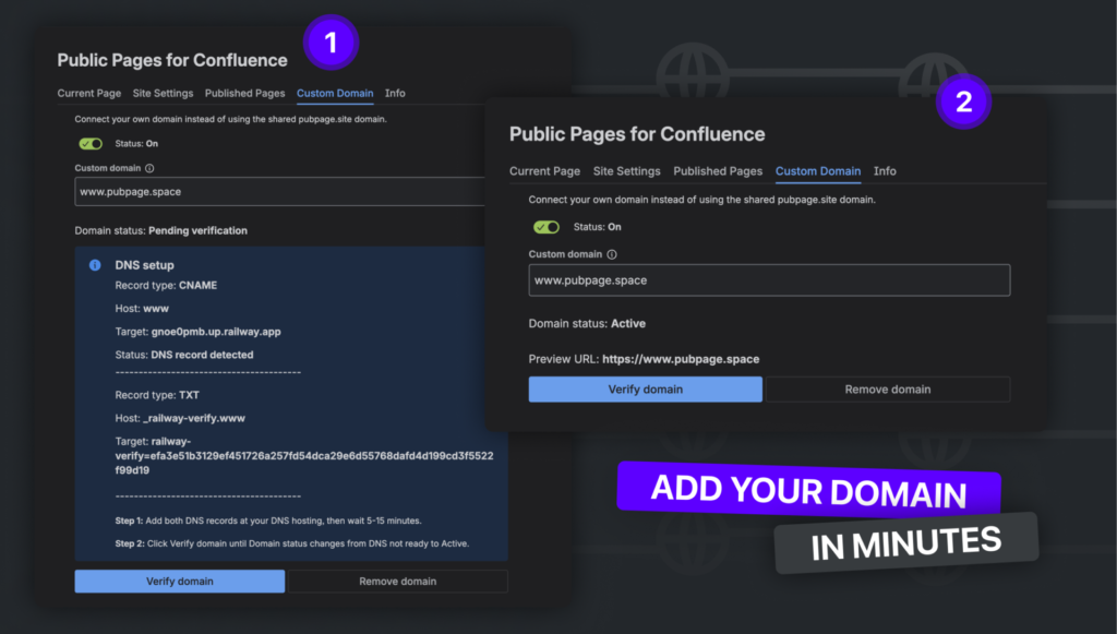 Custom domain setup for Confluence public pages with CNAME and TXT DNS records