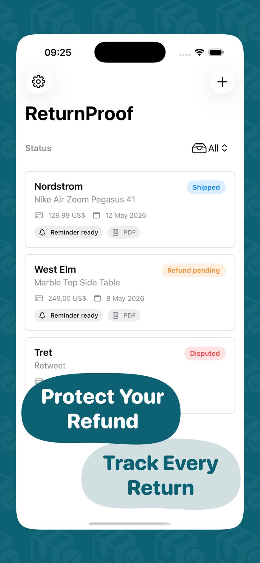Return Proof returns screen
