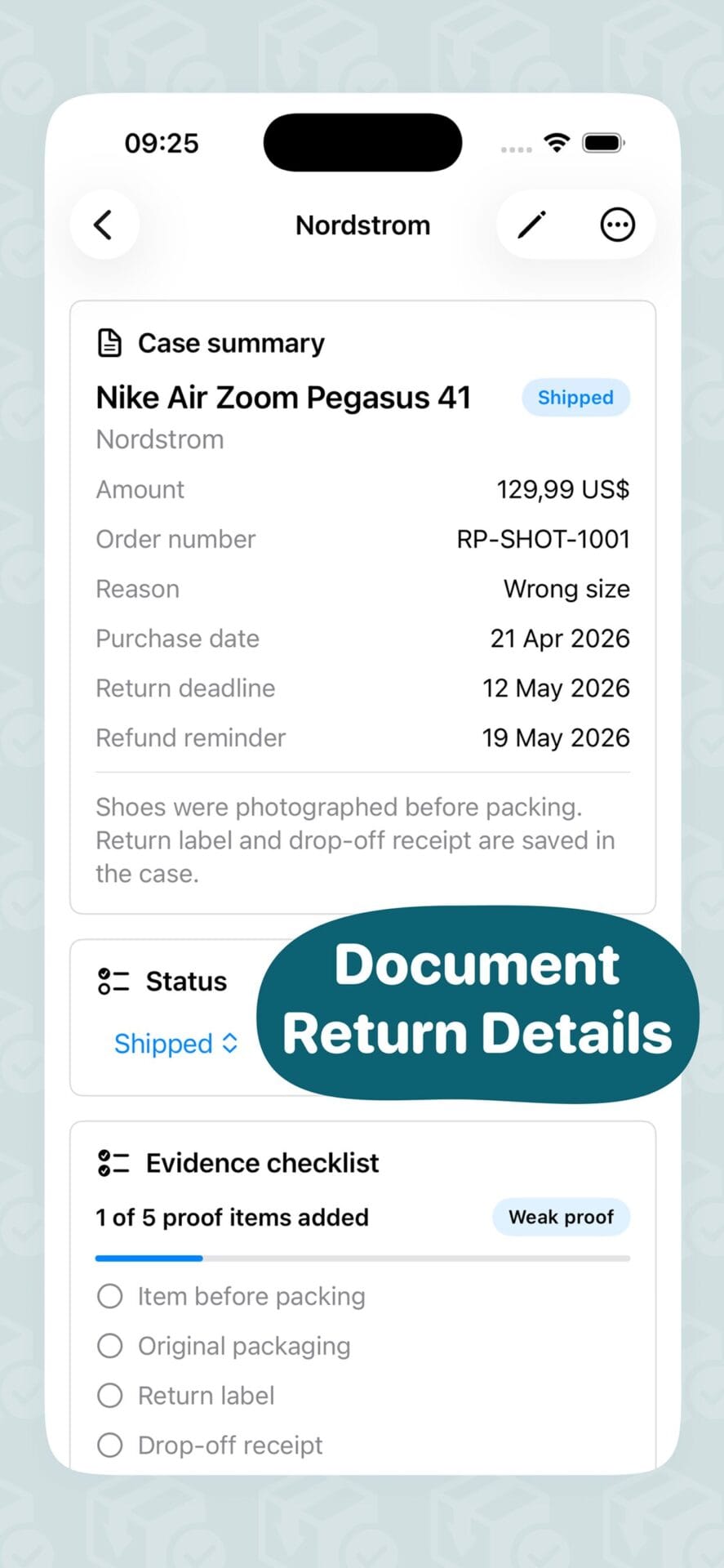 Return Proof report progress screen