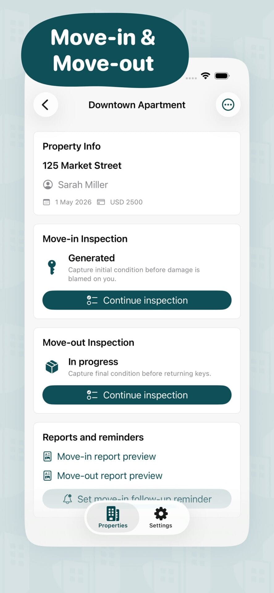 MoveProof move-in and move-out inspection screen