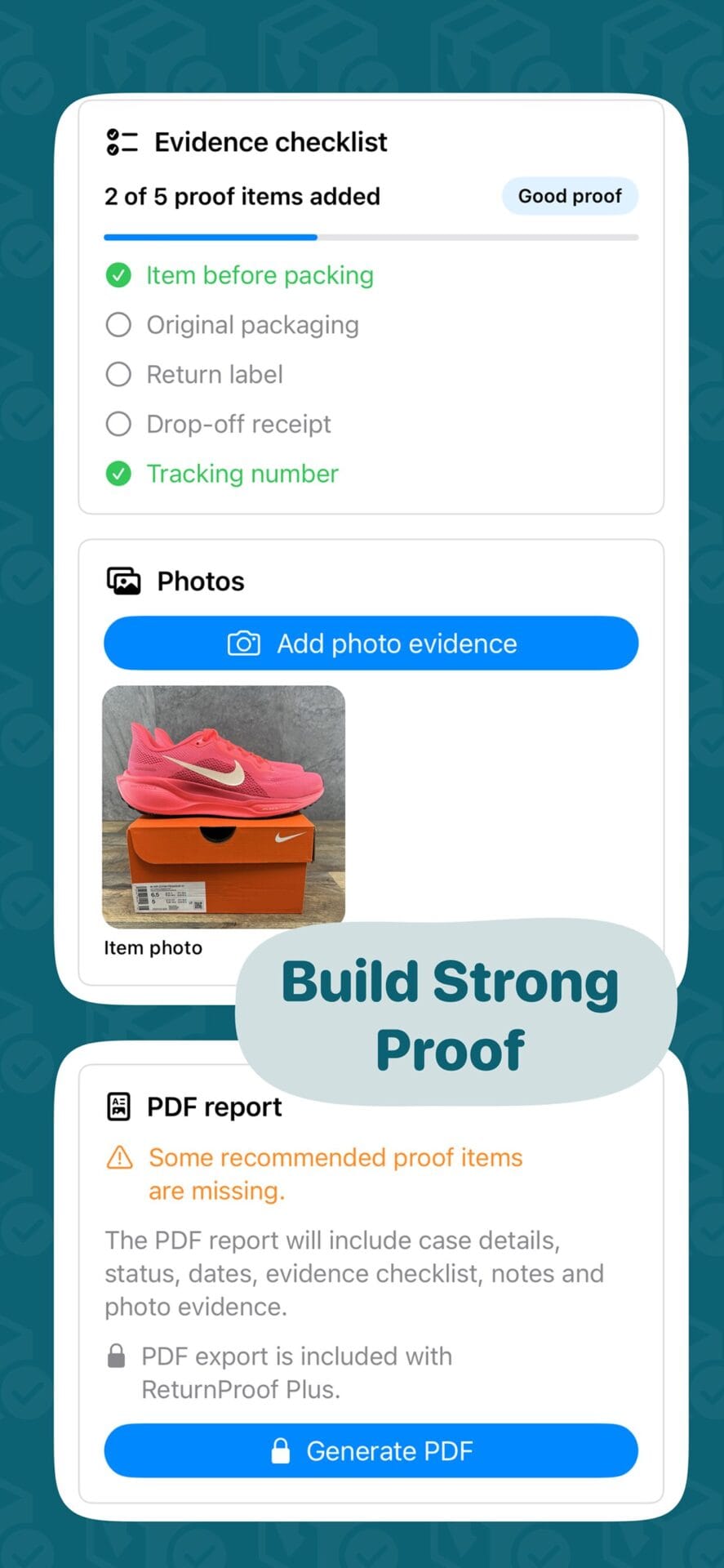 Return Proof checklist screen