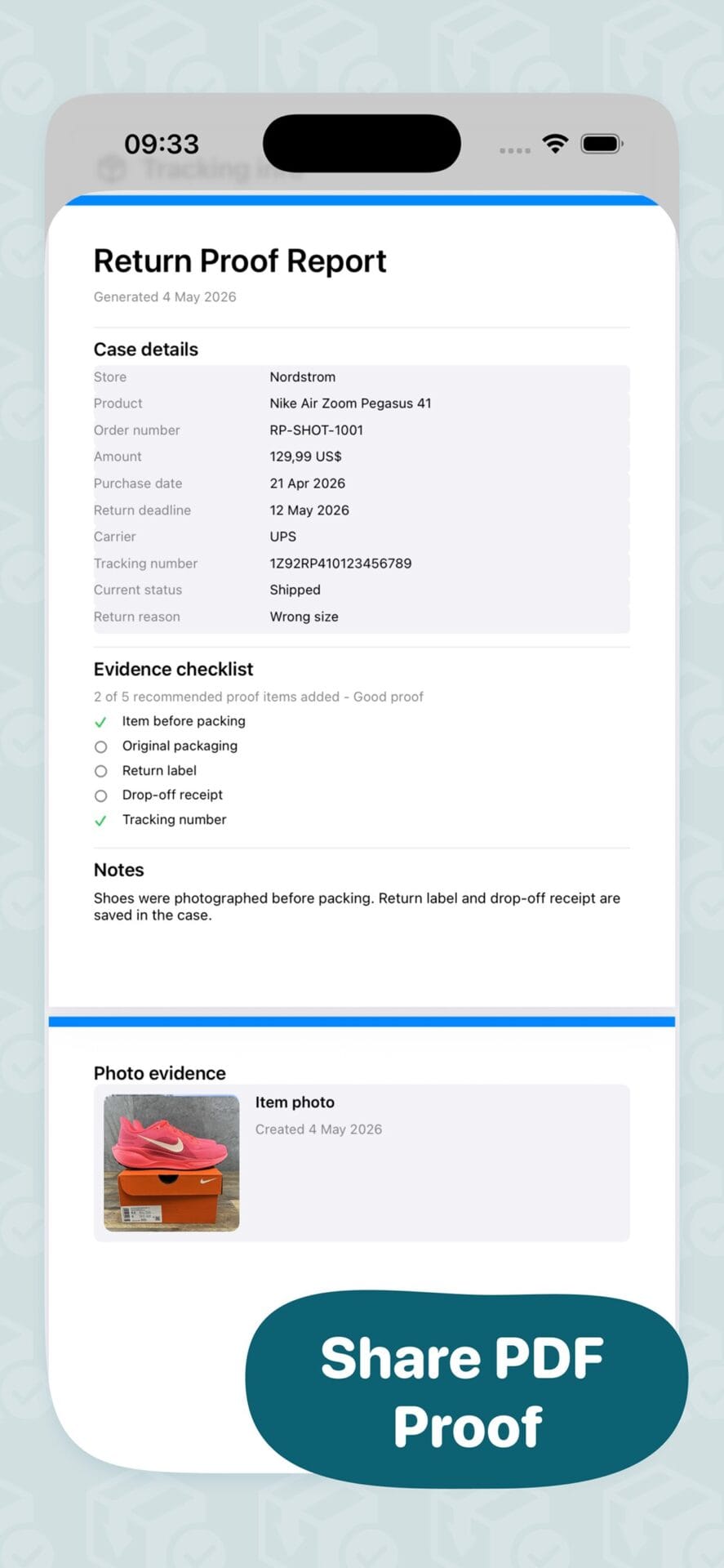 Return Proof return details screen
