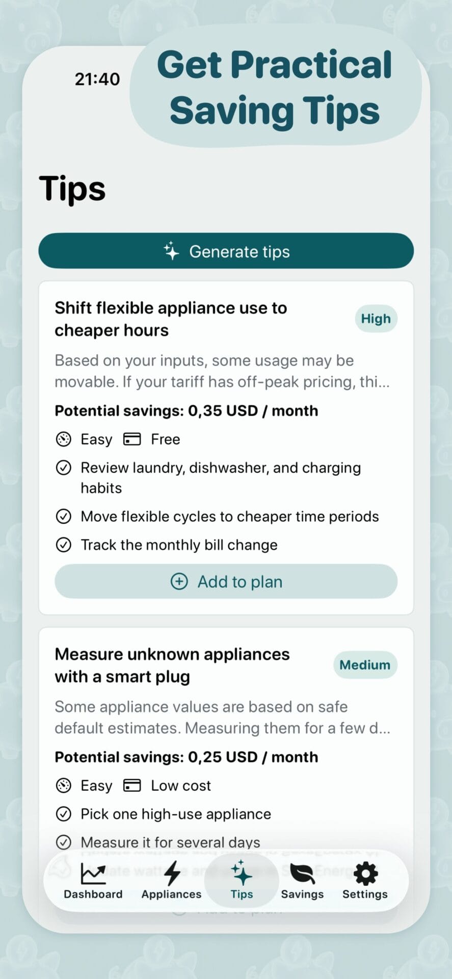 SaveEnergy AI saving tips screen