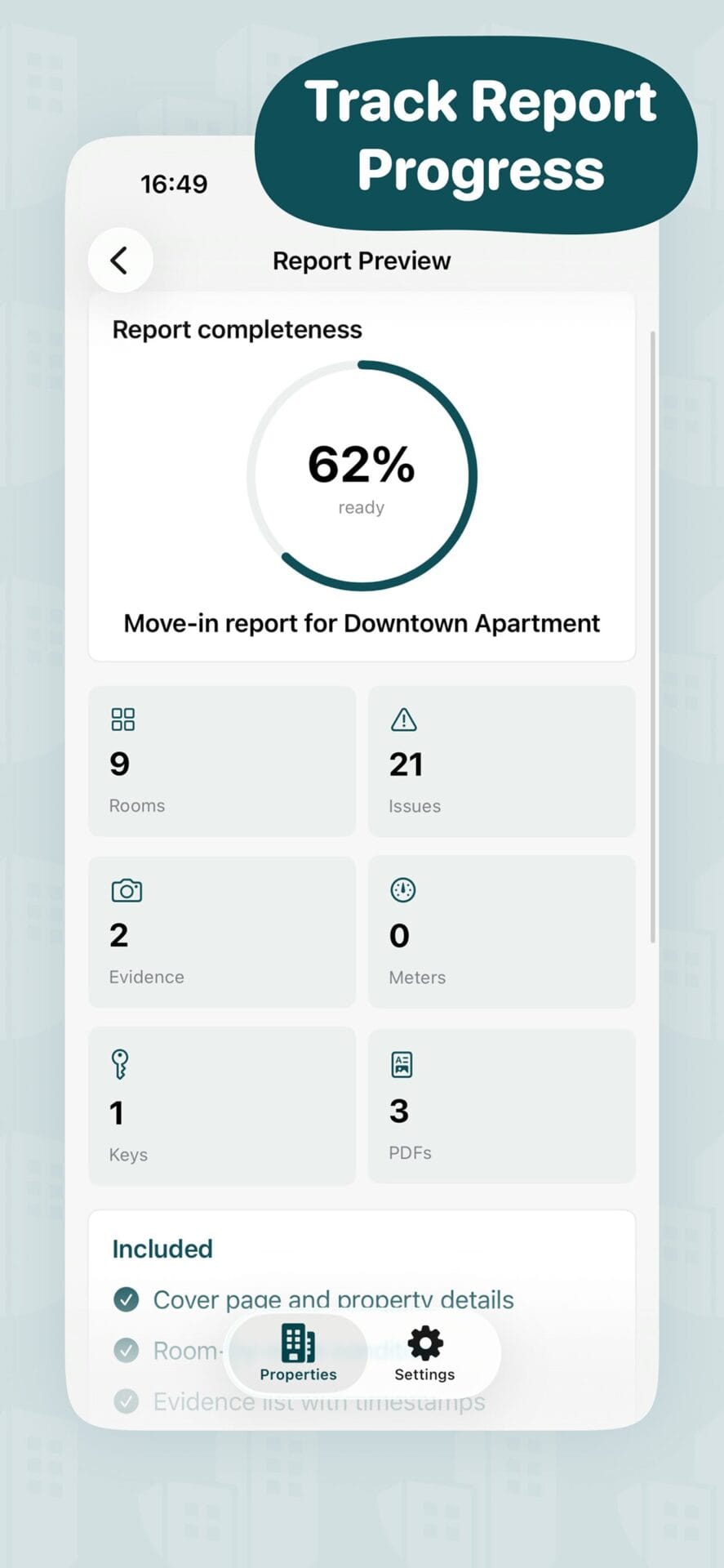 MoveProof report progress screen