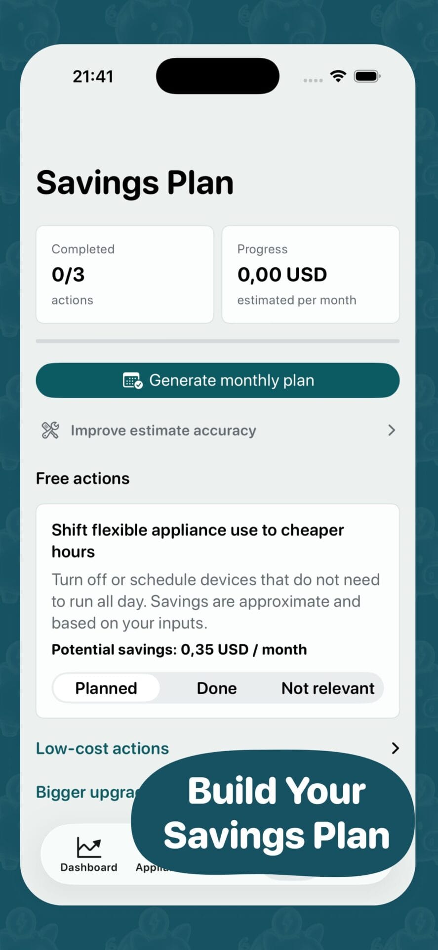 SaveEnergy AI savings plan screen