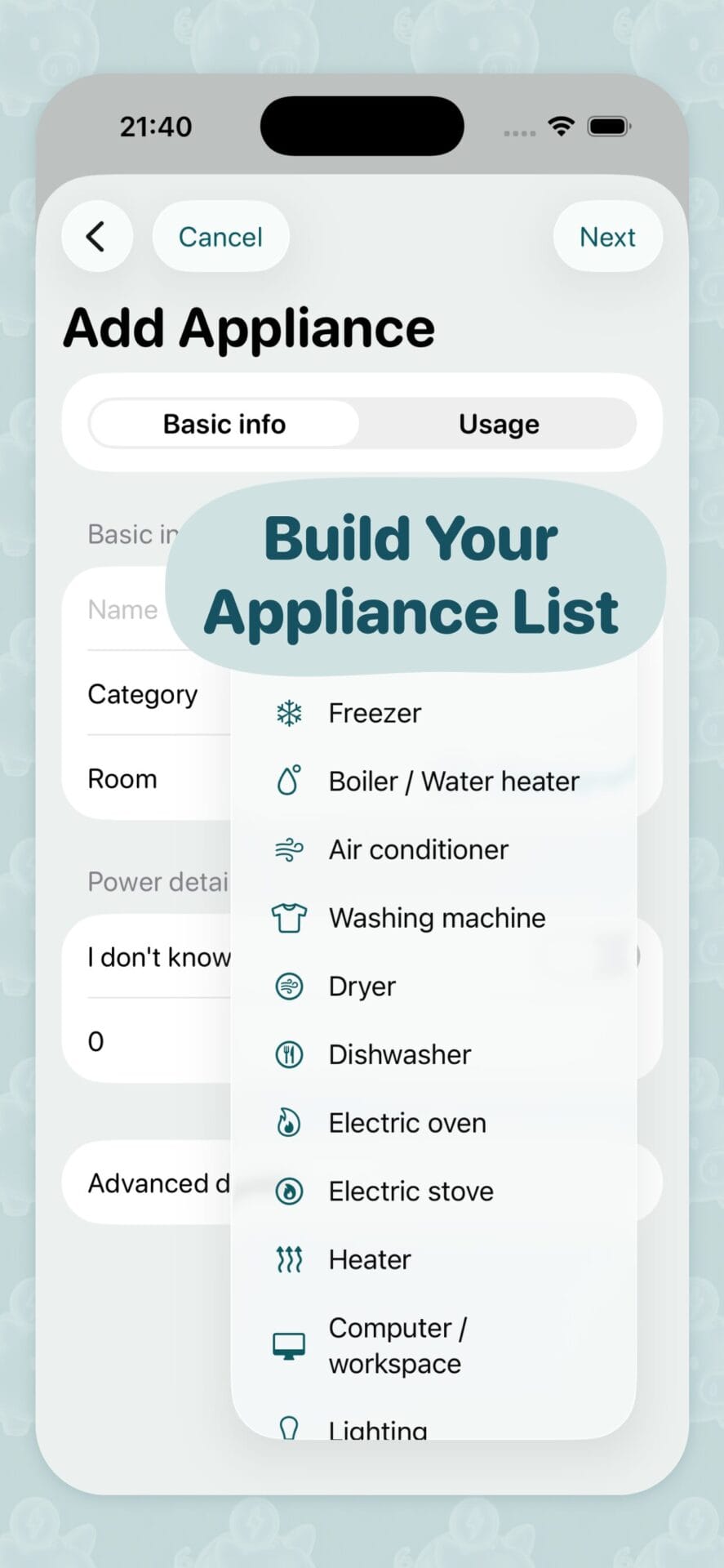 SaveEnergy AI add appliance screen