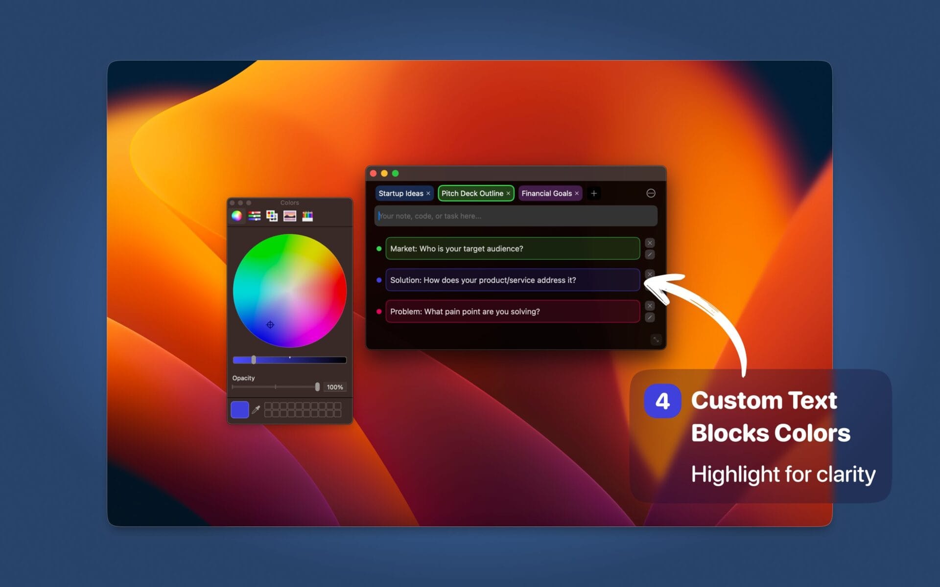 PeekNote tabs and text blocks screenshot