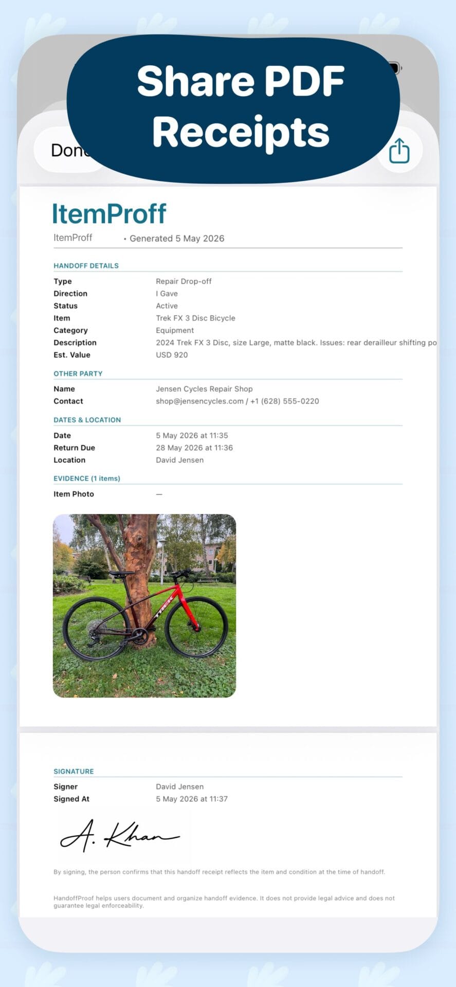 ItemProof PDF receipt preview