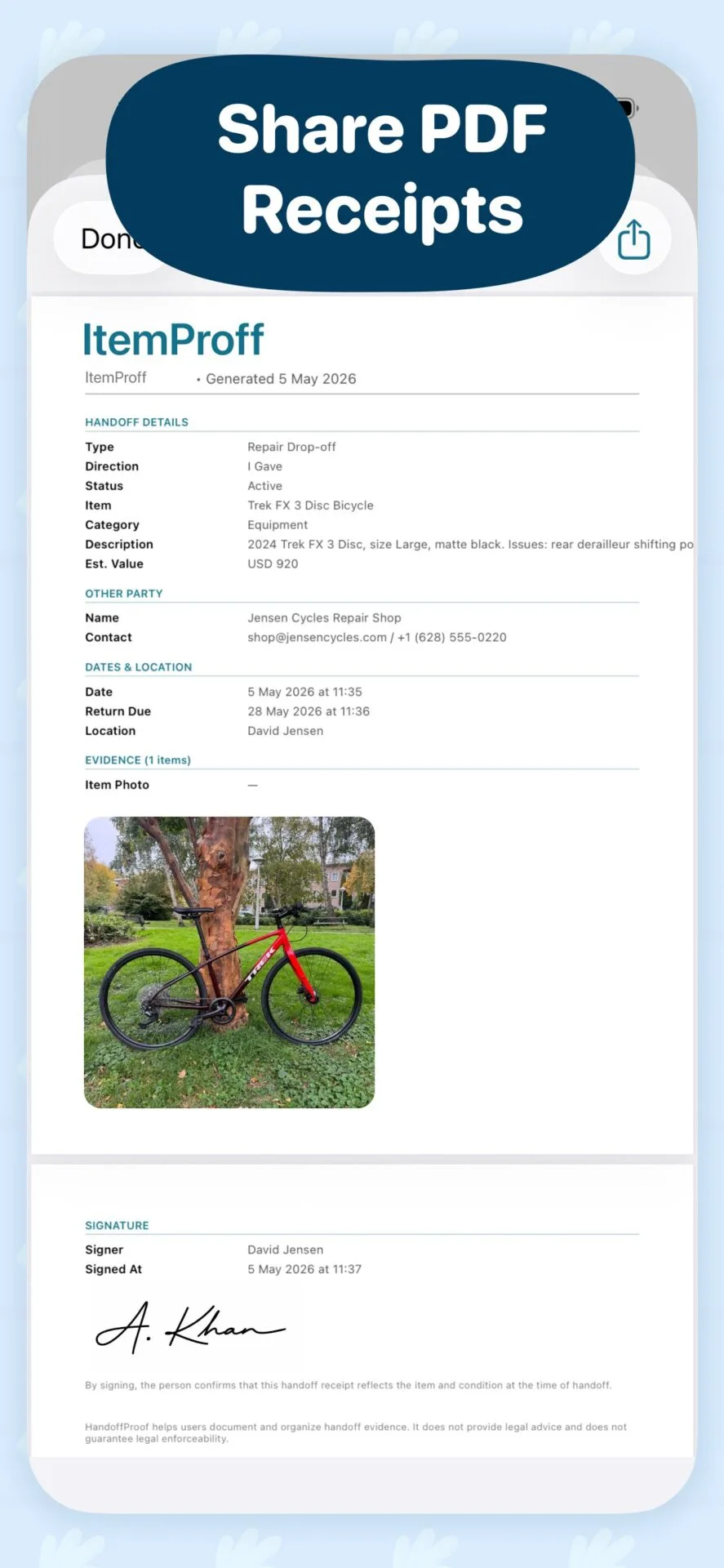 ItemProof PDF receipt preview