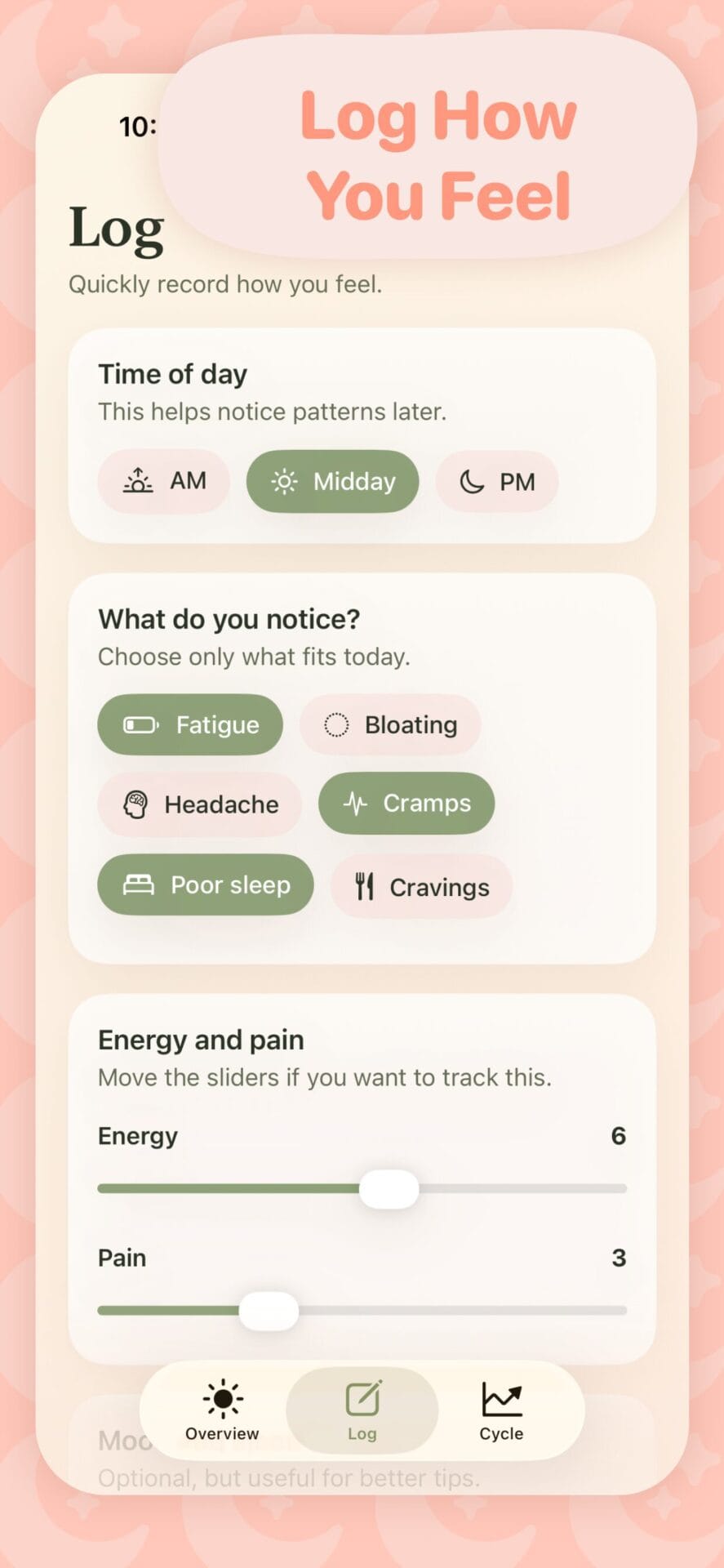 PhaseWise symptom logging screen